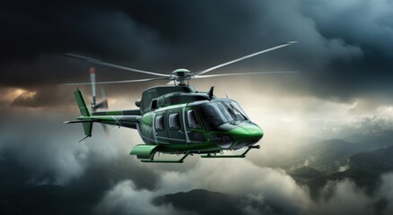 Green helicopter flying under a stormy sky. Generative AI