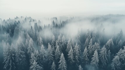 View from above of winter fir tree foggy forest with snow background. - obrazy, fototapety, plakaty