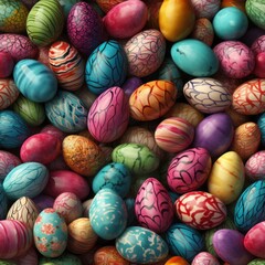 Fototapeta na wymiar Seamless pattern of beautifully decorated colorful easter eggs on a vibrant solid background