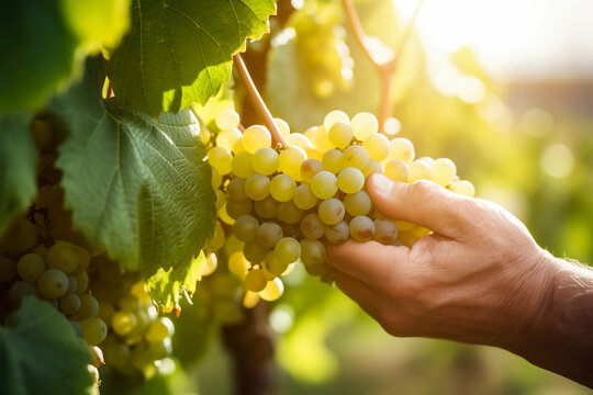 Hand harvesting green grapes. Close up shot