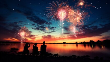 Silhouettes gazing at bursts of colorful fireworks, a mesmerizing spectacle of celebration