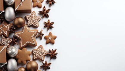 Festive holiday layout with props, gift box, cookies, decorations, and balls on white background