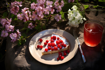 plate of cranberry tart cakes next to a drink and flowers,, aerial photography