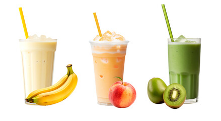 Fototapeta premium Three cold fresh and colorful smoothies made of bananas, peach and kiwi. White transparent background