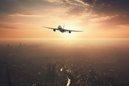 aircraft flying above urban landscape during sunset. Generative AI