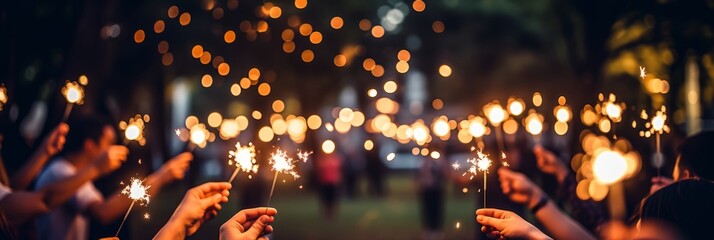 Glowing sparkles in hands group of happy people enjoying winter holiday party with fireworks