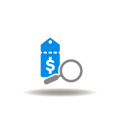 Vector illustration of discount tag with dollar currency and magnifier. Icon of sale. Symbol of discount.