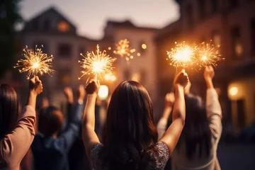 Foto op Plexiglas Winter holiday celebration group of joyful people enjoying sparkling fireworks in their hands © Ilja