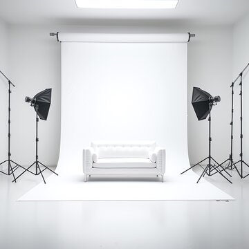 a white photo studio with a white couch and a white backdrop
