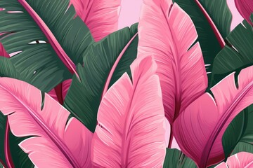 Pattern with tropical banana leaves and jungle foliage on a pink background. Artistic palms create a seamless repeating design for summer designs. Generative AI
