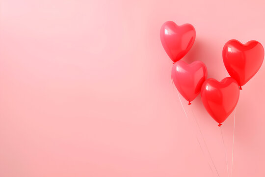 Picture of four red heart-shaped helium balloons with a different sizes floating in front of a pink background behind, love is in the air, wedding decorations, Valentines Day theme, copy space left