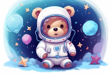 Cute Kawaii Teddy Bear Astronaut in Outer Space Children Cartoon Wallpaper Generative AI
