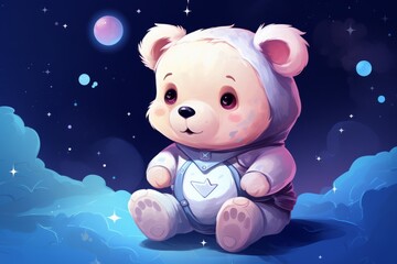 Cute Kawaii Teddy Bear wearing a Onesie on a cloud in the galaxy far away Children Cartoon Wallpaper Generative AI