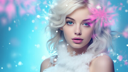 Portrait of a beautiful young girl with snowfall and snowflakes in the background. Concept of fashion, winter, beauty.