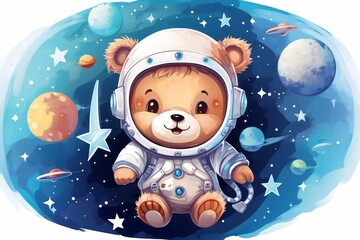 Cute Kawaii Teddy Bear Astronaut in Outer Space Children Cartoon Wallpaper Generative AI