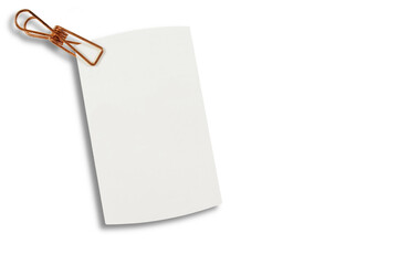 blank white card paper note or notepad isolated with clip pin on cutout in transparent...