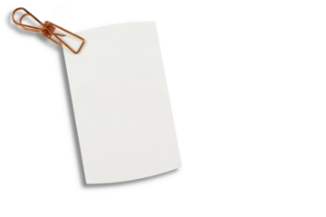 blank white card paper note or notepad isolated with clip pin on cutout in transparent background,png format