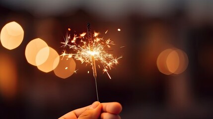 Closeup view of a sparkler with a bokeh background, concept of celebration