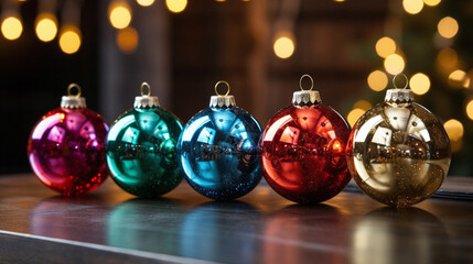 Colorful christmas balls on wooden table against black background with copy space - obrazy, fototapety, plakaty