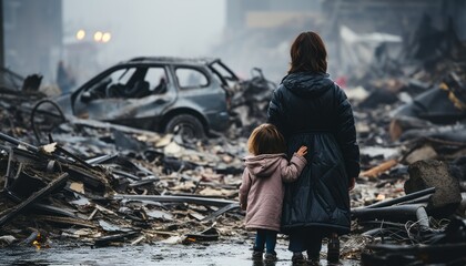 Dismayed woman and child silently witnessing the citys destruction caused by a powerful earthquake - obrazy, fototapety, plakaty