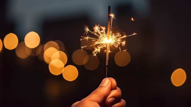 Closeup view of a sparkler with a bokeh background, concept of celebration