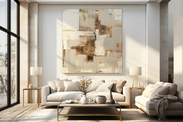 An abstract painting in beige, ivory and gold, in the style of metallic rectangles, soft and dreamy tones, thick layers of paint, packed with hidden details, soft shading, weathered materials, hard ed - obrazy, fototapety, plakaty