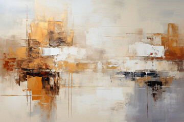 An abstract painting in beige, ivory and gold, in the style of metallic rectangles, soft and dreamy tones, thick layers of paint, packed with hidden details, soft shading, weathered materials, hard ed