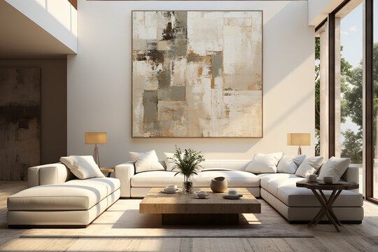 An abstract painting in beige, ivory and gold, in the style of metallic rectangles, soft and dreamy tones, thick layers of paint, packed with hidden details, soft shading, weathered materials, hard ed