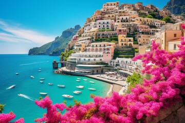 Scenic view of Positano village on the Amalfi Coast in Italy. Generative AI - obrazy, fototapety, plakaty