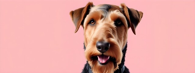 Studio portraits of a funny Airedale dog on a plain and colored background. Creative animal concept, dog on a uniform background for design and advertising.