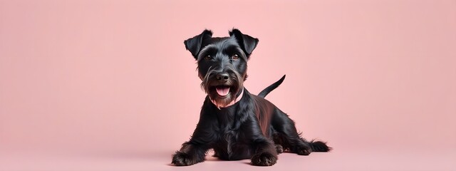 Studio portraits of a funny Black Terrier dog on a plain and colored background. Creative animal concept, dog on a uniform background for design and advertising.
