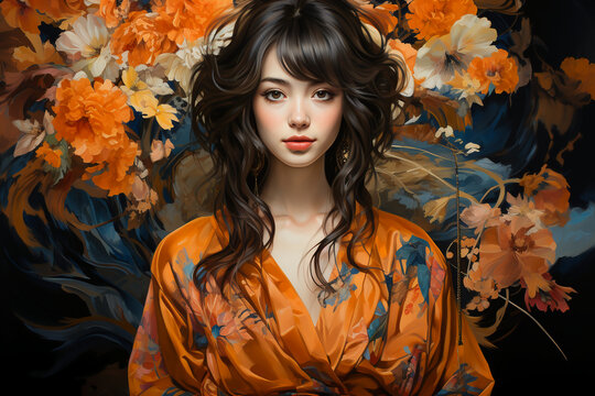 Oil painting of autumnal romantic fashion Japanese Girl articulating the progression, around vivid brush texture, featuring amber and indigo realistic forms in kaleidoscopic
