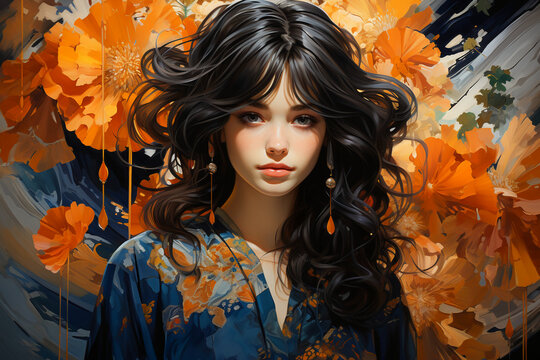 Oil painting of autumnal romantic fashion Japanese Girl articulating the progression, around vivid brush texture, featuring amber and indigo realistic forms in kaleidoscopic