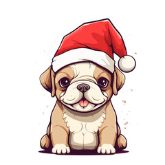 cute kawaii small vector french bulldog puppy in santa hat without background for christmas postcard cartoon character style 