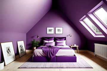 Organic Attic Bedroom purple color composition. Centered perspective with photos mockup. Low view