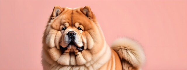 Studio portraits of a funny Chow chow dog on a plain and colored background. Creative animal concept, dog on a uniform background for design and advertising.
