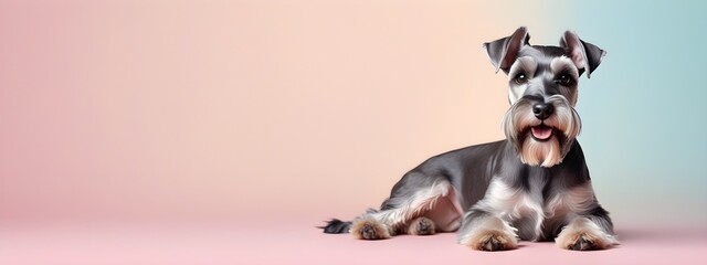 Studio portraits of a funny Miniature Schnauzer dog on a plain and colored background. Creative animal concept, dog on a uniform background for design and advertising.