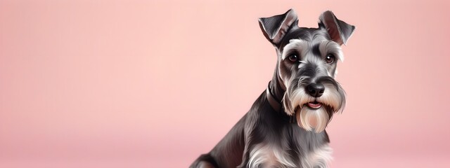 Studio portraits of a funny Miniature Schnauzer dog on a plain and colored background. Creative animal concept, dog on a uniform background for design and advertising.