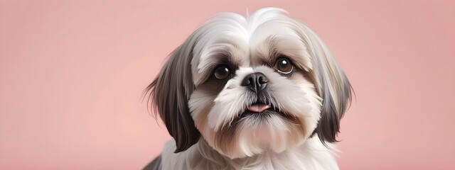 Studio portraits of a funny Shih Tzu dog on a plain and colored background. Creative animal concept, dog on a uniform background for design and advertising.
