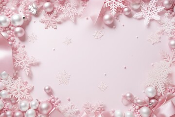 Fototapeta na wymiar Pink and White Christmas: Festive Holiday Decorations on Flat Lay Background 2024 with Snowflakes Art