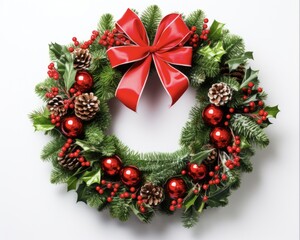 Fototapeta na wymiar Green Winter Wreath with Christmas Colors. Festive Holiday Decoration Isolated on White Background.