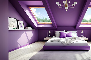 Organic Attic Bedroom purple color composition. Centered perspective with photos mockup. Side view