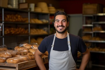 Young hispanic male home baked goods seller standing in his shop.