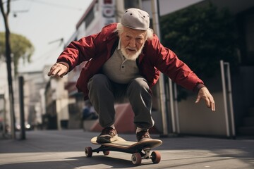 Senior man skateboarding fast outside in the streets