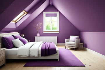 Organic Attic Bedroom purple color composition. Centered perspective with aesthetic windows