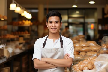 Young asian male home baked goods seller standing in his shop. - obrazy, fototapety, plakaty