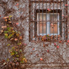 Casa antigua con en regadera de arboles, con hojas de otoño de color verde, naranja y rojo en parque de Montevideo, Uruguay