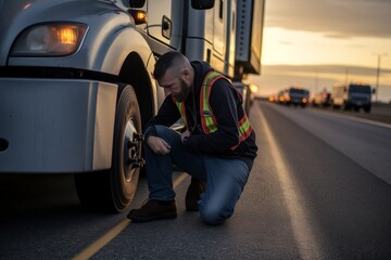 Semi truck driver pulls over on highway and fixes something under his truck - obrazy, fototapety, plakaty