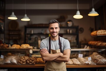 Young male home baked goods seller standing in his shop.