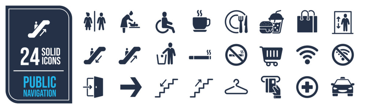 Public navigation solid icons collection. Containing toilet, food court, elevator, exit door, taxi etc icons. For website marketing design, logo, app, template, ui, etc. Vector illustration.